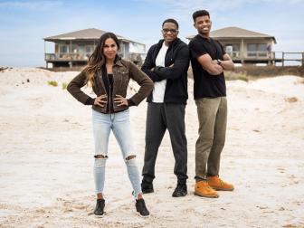 As seen on HGTV's Battle on the Beach Season 2, mentor Taniya Nayak poses with her team of Roosevelt and Brandon on the beach.  (Portrait)